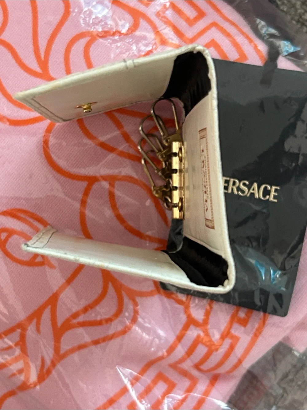 Vintage Versace Cream Leather Key Case with Gold Medallion Hardware